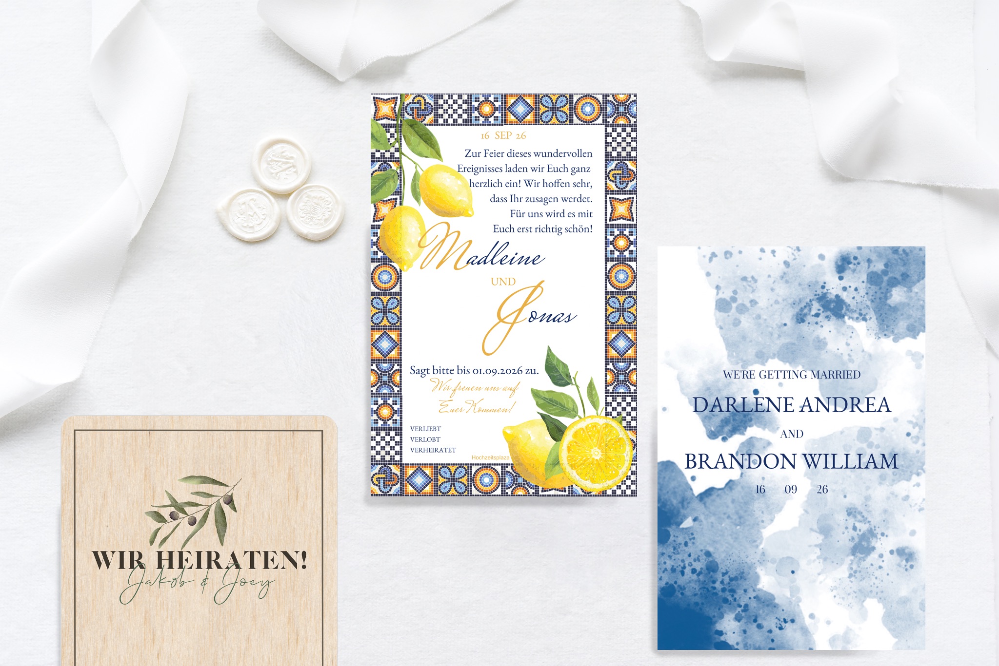 Einladungstexte für die Hochzeitsfeier auf unterschiedlichen Einladungskarten zur Hochzeit